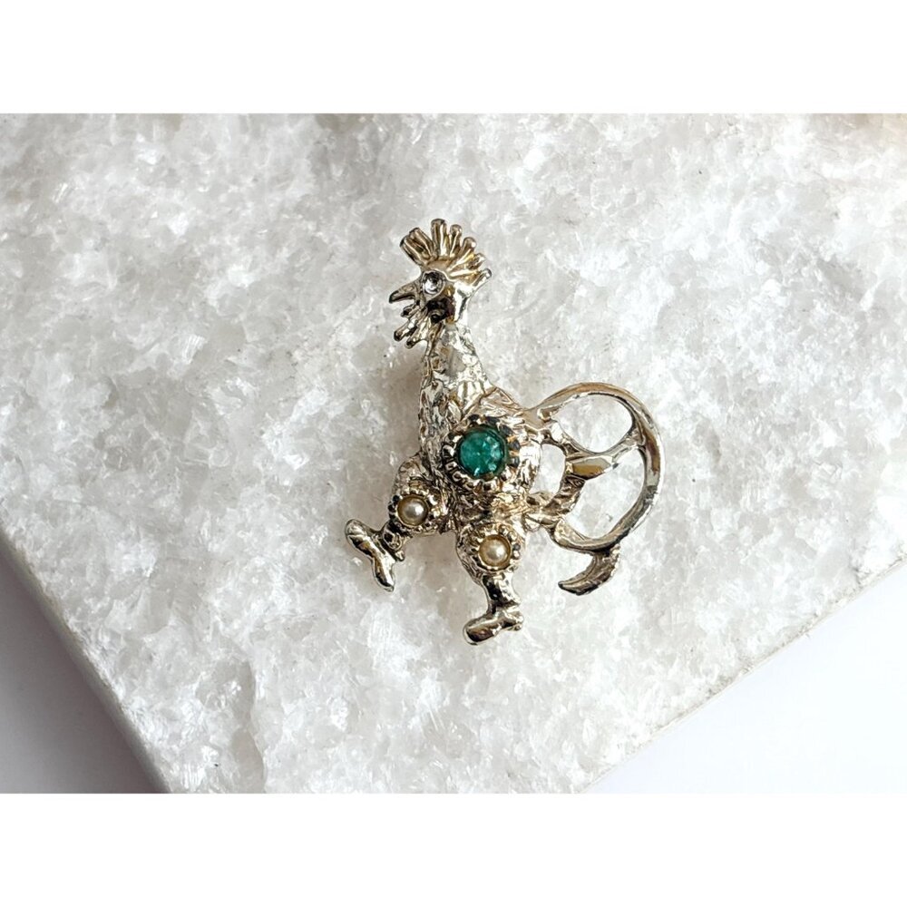 Rooster Figural Blue Rhinestoned Costume Jewelry Brooch | Lapel Pin - Picture 11 of 11